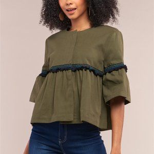 OLIVE MULTI-COLOR EMBROIDERY TRIM MIDI BELL SLEEVE